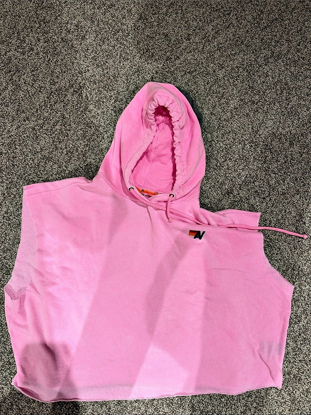 Aviator Nation Logo Stripe Sleeveless Crop Pullover Hoodie Pink